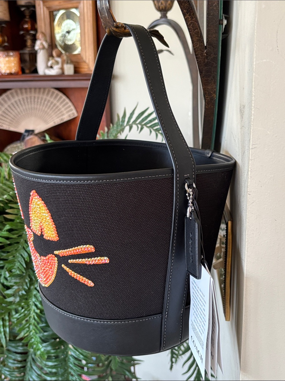NWT Coach CUSTOM Trick Or Treat Bucket Halloween Cotton Leather Black Cat Tote - Picture 4 of 13